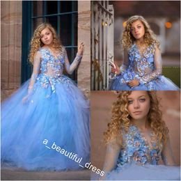 Princess 3d Flowers Girls Dresses For Wedding Long Sleeve Appliques Beads Ball Gown Kids Pageant Gowns First Holy Communion Dress FG1284