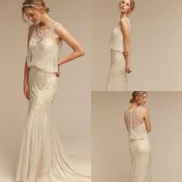 Bhldn Bohemian Wedding Dresses Beading Sleeveless Sweep Train Lace Tulle Mermaid Wedding Gowns Jewel Neck Illusion Country Bridal Dress 4436