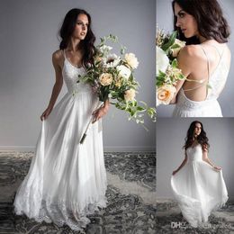 New Elegant Lace Spaghetti Straps Chiffon Boho Bridal Dresses Floor Length Plus Size Wedding Party Gowns Custom Made