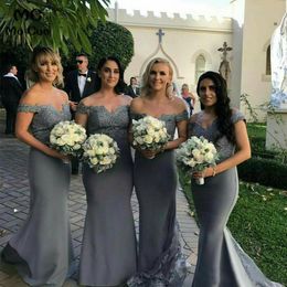 Gray Bridesmaid Dresses Spring Summer Off The Shoulder Satin Lace Countryside Garden Formal Wedding Party Guest Gowns Plus Size Cu243h