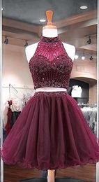 burgundy 2 Piece Short Prom Dresses High Neck Beading Crystal Piping Tulle Mini Homecoming Cheap Dress Girls Junior Party Formal Dress New