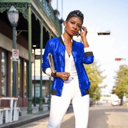 Women Sequin Coat Bomber Jacket Long Sleeve Zipper Streetwear Casual Slim Glitter Outerwear 2019 New Fashion Female Autumn Coat
