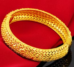 Thick Hollow Bangle 18k Yellow Gold Filled Classic Wedding Party Mesh Jewellery Womens Bangle Bracelet Dia 60mm