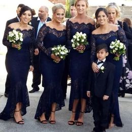 2020 Cheap Mermaid Dark Navy Bridesmaid Dresses Scoop Lace Appliques Illusion Long Sleeves High Low Length For Wedding Maid of Honour Gown