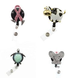 10pcs/lot Key Rings 4 Style Rhinestone Medical Nurse Doctor Symbol Turle Ribbon Elephant Shape Retractable Badge Reel Holder With Alligator Clip Name Badge Reels