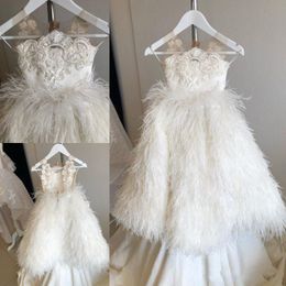 Luxury Fur Flower Girls Dresses Sheer Jewel Neck Infant Pageant Dress Formal Kids Gowns For Wedding