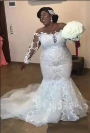 Hot Africa Imported White Lace Appliques Bateau Long Sleeve Beach Casual Patterns Wedding Dress for Plus Size Women Ghana Bridal Dress