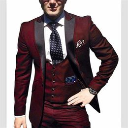 High Quality One Button Wine Wedding Groom Tuxedos Peak Lapel Groomsmen Mens Suits Prom Blazer (Jacket+Pants+Vest+Tie) W94