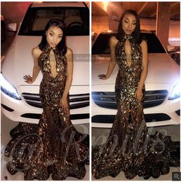 Sexy African Black Gold Sheer Mermaid Prom Dresses 2020 O Neck Sequin Hollow Out Sleeveless Evening Gowns Formal Wear