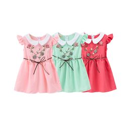 New Summer Kids Girls Dress Doll Collar Embroidered Pearl Appliqued Braided Belt Dresses Flower Flying Sleeve Princess Skirts Clothes M1541