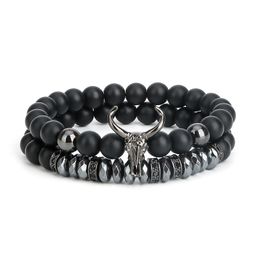 Punk CZ Bull Head Skull Men Bracelet Fashion 8MM Matte Onyx Agate Stone Beads Charm Ox Head Bracelets & Bangles Macrame Jewellery