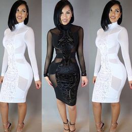 Summer Sexy Women Long Sleeve Bodycon Turtleneck hollow out Transpartant Casual Party Evening Short Dress