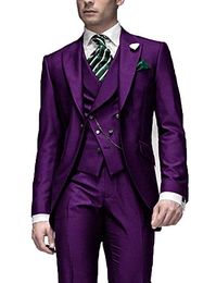 Fashionable One Button Purple Groom Tuxedos Peak Lapel Men Wedding Party Groomsmen 3 pieces Suits (Jacket+Pants+Vest+Tie) K258