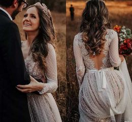 Amazing Lace Sexy V Backless Garden Country Wedding Dresses Long Sleeve Illusion V-neck Piping Draped Bohe Wedding Beach Reception Party