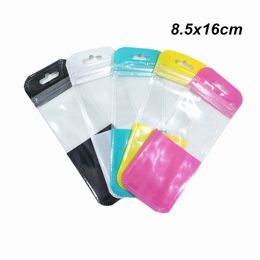 100Pcs 8.5x16cm Transparent Front Plastic Zipper Packaging Bag with Hang Hole Grocery Sundries Storage Bag for Crafts Office Supply