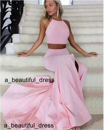 Light pink Evening Dresses prom dresses two piece evening dress halter backless split formal party wear for women ED1243