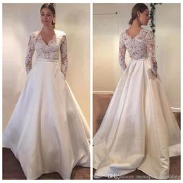 Lace Modest V-Neck Satin Dresses A-Line Long Sleeves Sweep Train Covered Button Bridal Gowns Wedding Dress Vestidos