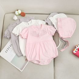 Baby Girl Clothes Flower Embroidery Toddler Rompers Hat 2PCS Sets Short Sleeve Infant Jumpsuits Summer Baby Clothing 3 Colors DHW3463