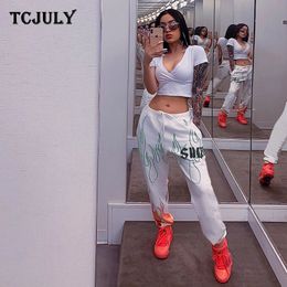 TCJULY Fashionable Flame Letter Printed Harem Pants High Waisted Drawstring Joggers Trousers Women Streetwear Casual White Pants