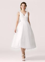 Tulle Vintage Tea Length Wedding Dresses 2020 With Straps V neck Ruched Lace Tulle Informal Country Bridal Gowns Short Custom Made