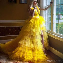 Yellow New Fashion High Side Split Prom Dresses Deep V Neck Backless Ruffles Tulle Pageant Dress Sweep Train Formal Evening Party Gowns