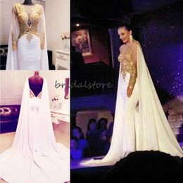 White Mermaid Evening Dresses With Sleeves Dubai Sexy Backless Gold Beaded Prom Party Gowns Elegant Kaftan Arabic Celebrity Evening Skirts