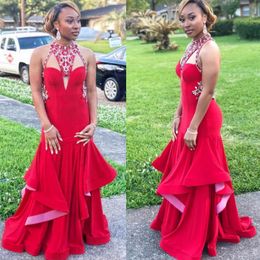 Gorgeous Red Prom Dresses South African 2019 Jewel Beaded Sleeveless Evening Gowns Tiered Open Back Sexy Floor Length Formal Party Dress