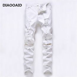 2018 New Fashion High Street Men's Jeans Zipper Knee Knocked Ragged Hole Male Club Denim Fabric Elastic Skinny Ripped Trousers C19042201