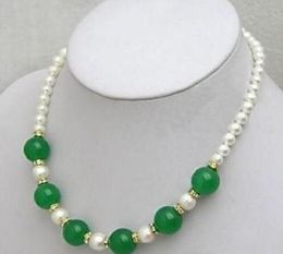 BEAUTIFUL WHITE 7-12MM PEARL NECKLACE + GREEN EMERALD JADE 18''
