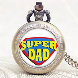 Bronze Vintage Men's Pocket Watch Super Dad Words Design Quartz Analogue Clock Watches with Chain Necklace Special Father's Day Gift for Men