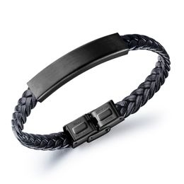 Free Custom Engraving Stainless Steel Black Metal ID Tag and PU Leather Bracelet with Clasp Closure
