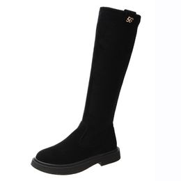 Women Winter Suede Knee-High Boots Below Kneeth Slip On Flat Heel Round Head Boots With Punk Biker Black Boots