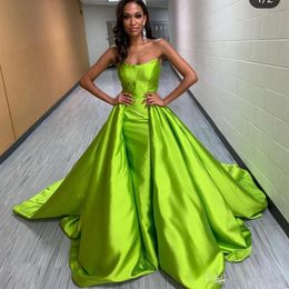 2020 Green Strapless Prom Dresses Simple Satin Cheap Overskirt Custom Made Sweep Train Evening Gown Formal Occasion Wear Plus Size