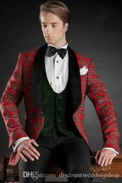 England Lattice Groom Tuxedos Shawl Lapel Man Prom Busienss Suit Wedding Coat Waistcoat Trousers Set (Jacket+Pants+Vest+Tie) J360