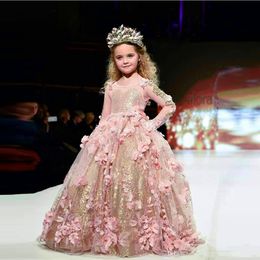 Pink Gold 3D-Flowers Girls Pageant Dress Cute Little Girl Flower Long Sleeves Event Party Wear Maxi Gowns Custom Made Dresses for Young Lady