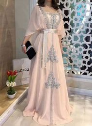 -El rosa magnífico musulmanes Caftan Vestidos de noche con Dubai islámica gasa de las mangas de encaje apliques de Arabia árabes vestidos largos de baile vestidos formales