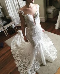 2023 Sexy Mermaid Wedding Dresses Sheer Illusion Neck Cap Sleeves Lace Appliques Beaded Open Back Court Train Plus Size Custom Bridal Gowns