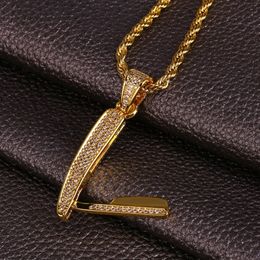 Fashion-Gold Colour Plated Micro Pave Cubic Zircon Razor Necklace & Pendant Three Chains 24Inch Length Hip Hop Necklace Jewellery