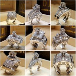 Top Selling Classical Fashion Jewelry Brand New 925 Sterling Silver Couple Rings Round White Topaz CZ Diamond Gemstones Bridal Ring Set Gift