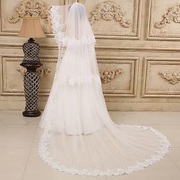 Two Layer Lace Applique Edge Wedding Veils Accessories Ivory White Cathedral Length Alloy Comb