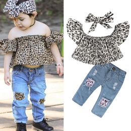 Baby Mädchen Kleidung Sets Kinder Leopard Tops Jeans Stirnband 3 stücke Set Off Schulter Mädchen Outfits Sommer Kinder Kleidung DHW3136