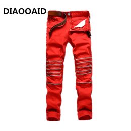 2018 New Mens Knee Zipper Jeans red&white Destroyed Ripped Hole Nightclubs Skinny Denim Pants fashion street zipper trousers