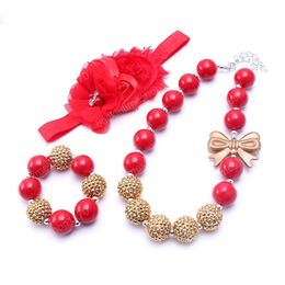 Red Color Christmas Necklace&Bracelet 3PCS Set Birthday Party Gift Toddlers Girls Bubblegum Baby Kid Chunky Necklace Jewelry