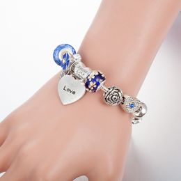 Wholesale-Charm Bracelets Silver plated Bangle For Women heart Bracelet blue chamilia Beads flower charms Diy Jewelry as christmas gift