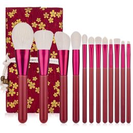 12pcs Red Makeup Brushes Set Wood Handle Foundation Eyesbrow Powder Blush Eyeshadow Face Make Up Brush Soft Hair Cosmetic Tools with bag