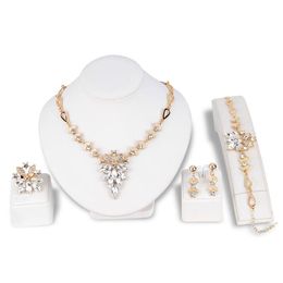 4 Pieces Four Colors Wedding Jewelry Water Drop Crystal Collarbone Chain Set Bridal Jewelry Pearls Luxury Bracelets Necklace & Earings