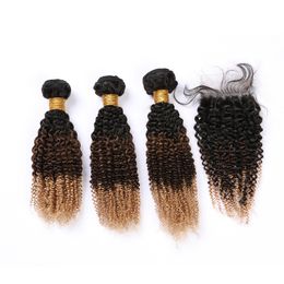 #1B 4 27 Ombre Kinky Curly Hair Bundles with Lace Closure 4x4 Black Brown Honey Blonde 3Tone Ombre Indian Human Hair Weave Bundles