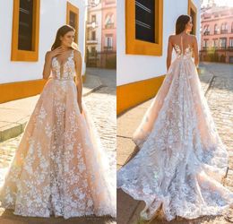New Crystal Design Bridal Sleeveless Straps Deep Plunging Full Embellishment Blush Color A Line Wedding Dresses Sheer Back Royal Train