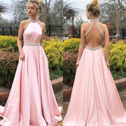 Beaded Crystal Formal Prom Dress 2019 Long A-line Satin Open Back Dresses Evening Wear vestido de novia Special Occasion Dress Girls