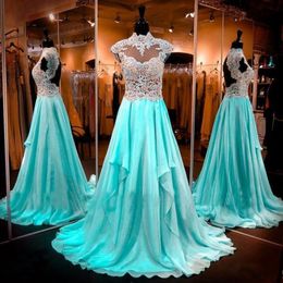 Mint Green Prom Dresses With Cap Sleeves Sheer Neck 3D Appliques Chiffon Evening Dresses Long Party Gowns Custom